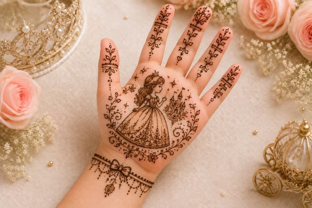Princess mehndi design for a little girl featuring a delicate crown, flowers, hearts, and elegant henna details.