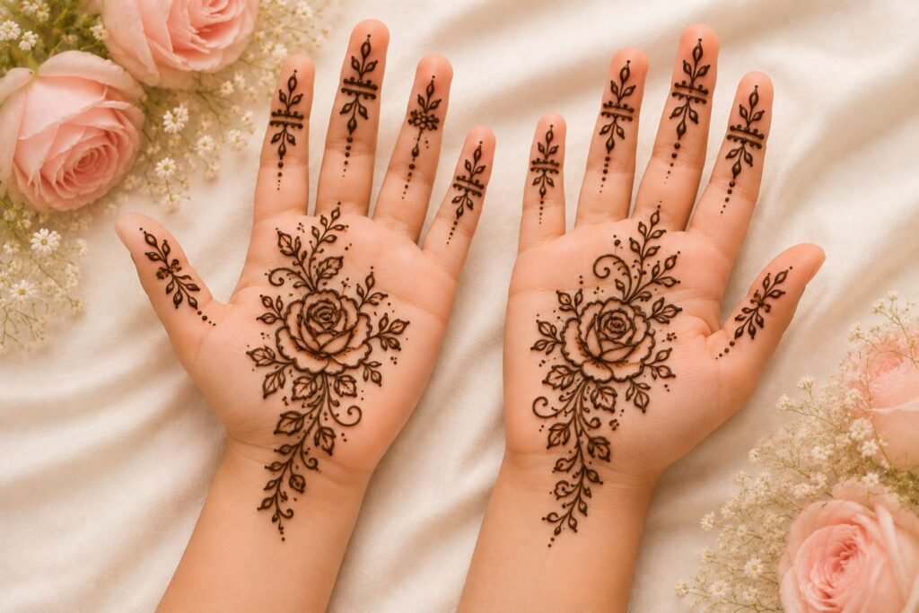 Rose mehndi design for a little girl featuring elegant floral roses and delicate leafy henna patterns.