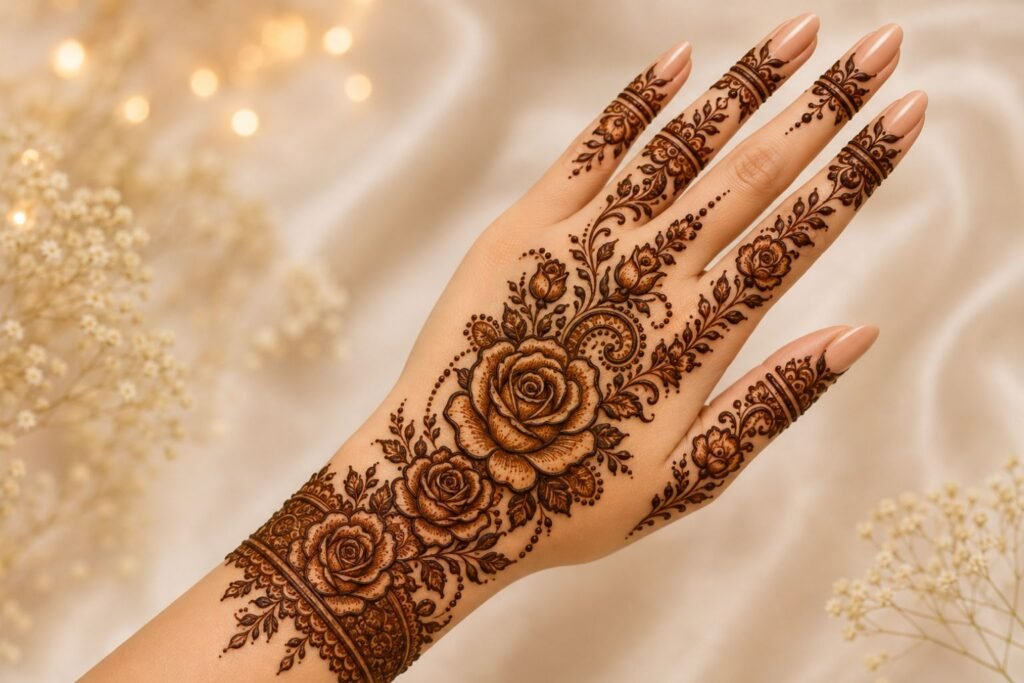Beautiful rose pattern Eid mehndi design featuring elegant floral henna artwork for 2026.