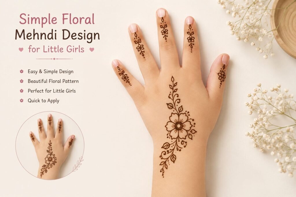 Simple floral mehndi design for a little girl featuring delicate flowers and leafy henna patterns.