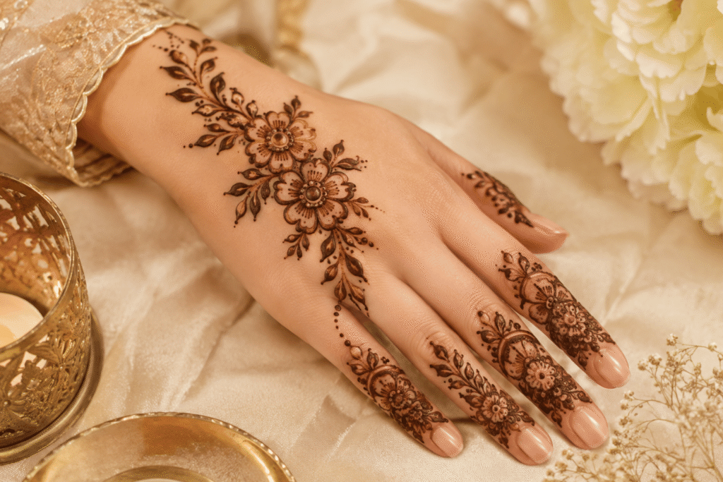 Simple front hand Eid mehndi design with elegant floral and leafy henna pattern for 2026.