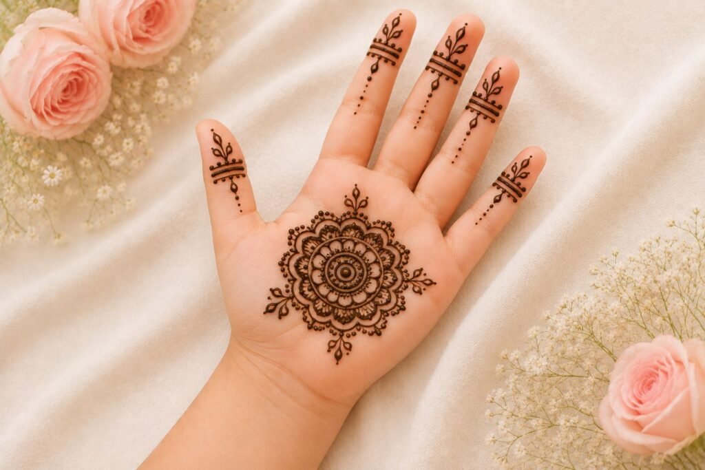 Small mandala mehndi design for a little girl featuring a delicate circular floral henna pattern on the palm.