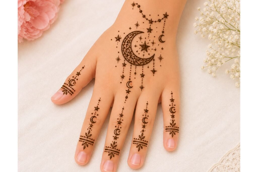Star and moon mehndi design for a little girl featuring a crescent moon, tiny stars, and delicate floral henna details.