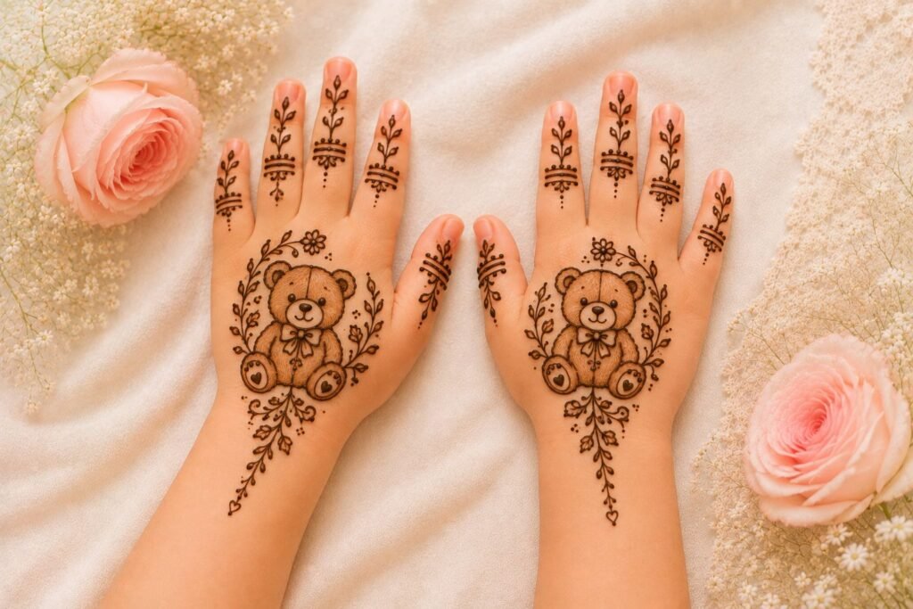 Cute teddy bear mehndi design for a little girl featuring an adorable teddy, tiny hearts, and floral henna details.