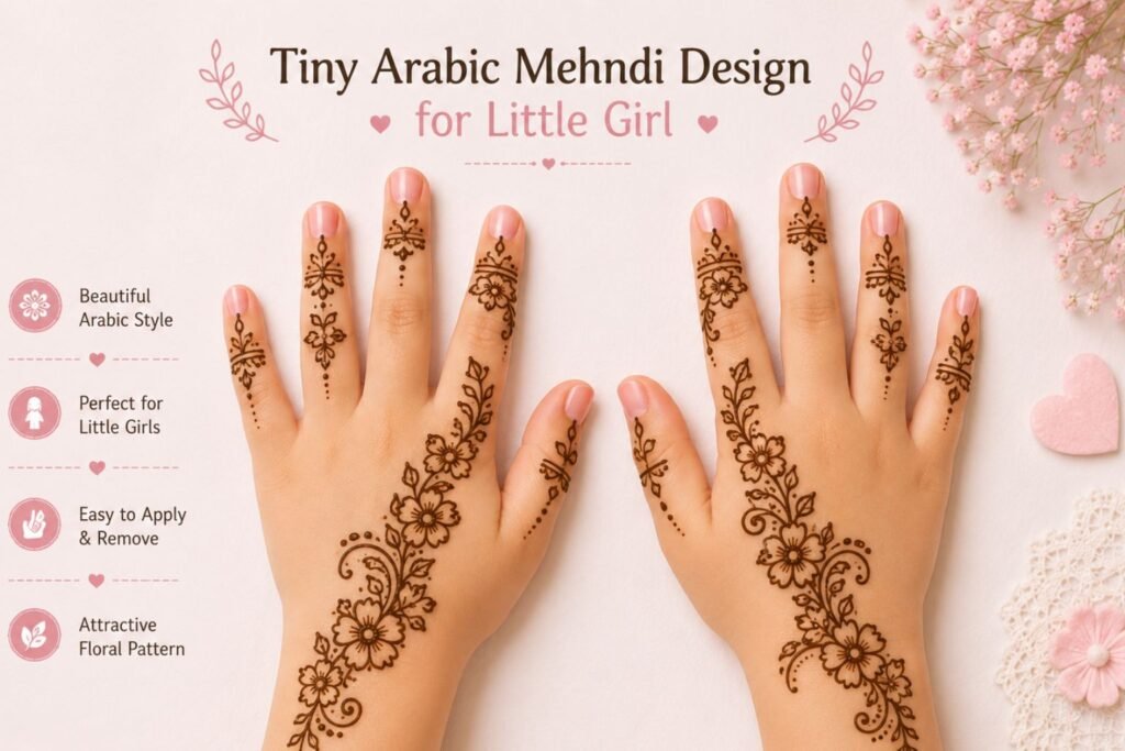 Tiny Arabic mehndi design for a little girl featuring elegant floral and leafy henna patterns.