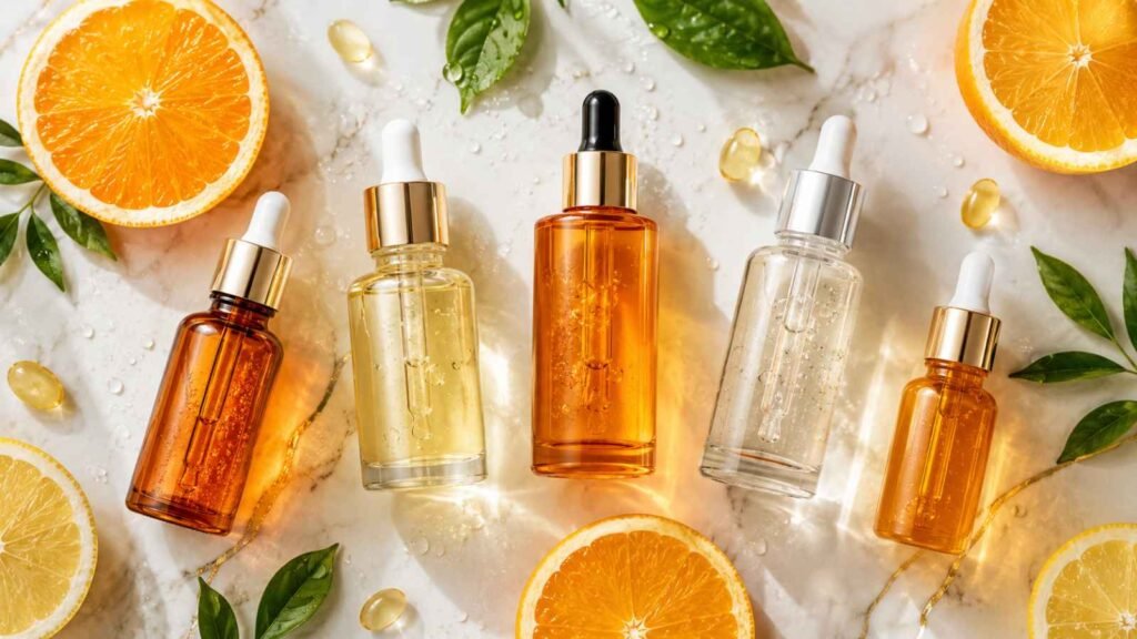 Top 5 Best Vitamin C Serums for Face arranged with citrus fruits and skincare essentials for brighter, healthier, glowing skin.